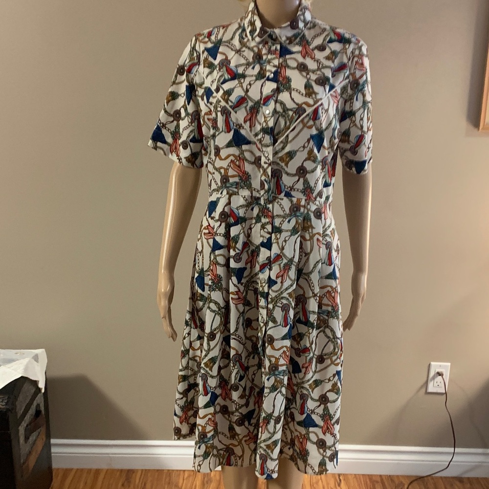 Mango Multicolor Chain Print Short Sleeve Dress, western style, Size Large